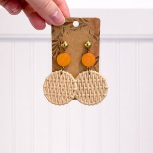 Woven Rattan Drop Earrings with Mustard Accent